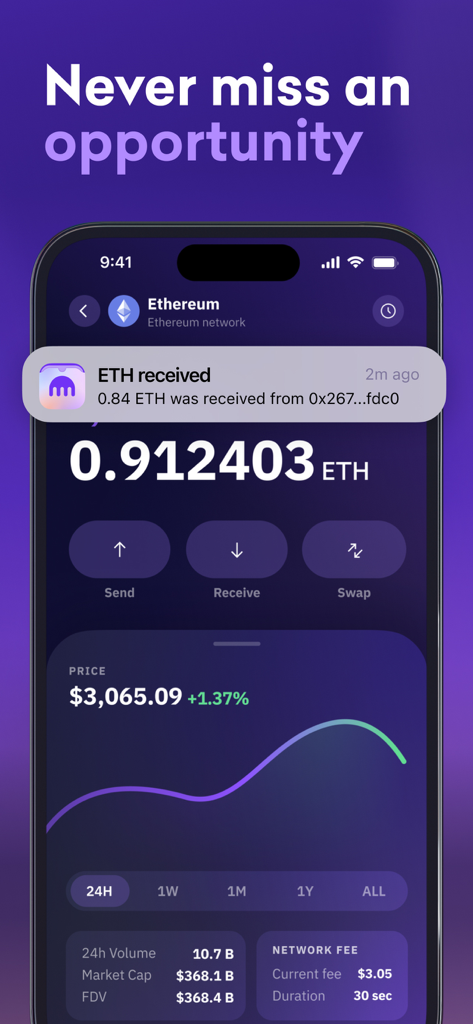 Kraken Wallet App-Oberfläche mit Ethereum-Guthaben und Benachrichtigung über empfangene Krypto-Assets