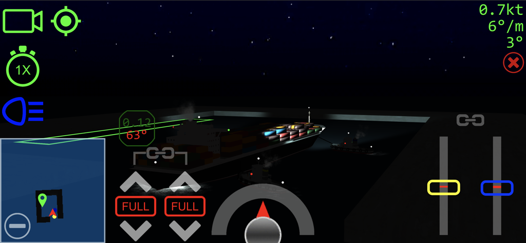 Ship Handling Simulator - A cargo ship being moored by tugboats at night in the Ship Handling Simulator.