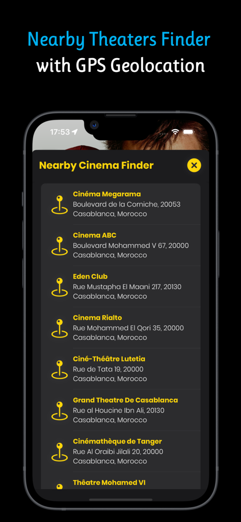 Cinegate - Movies Voice Finder - Cinegate app interface showing a list of nearby movie theaters with their addresses