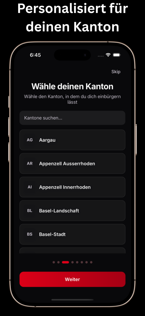 Einbürgerung Schweiz Test 2026 - Pantalla de aplicación móvil que muestra una lista de cantones suizos para la preparación personalizada del examen de ciudadanía