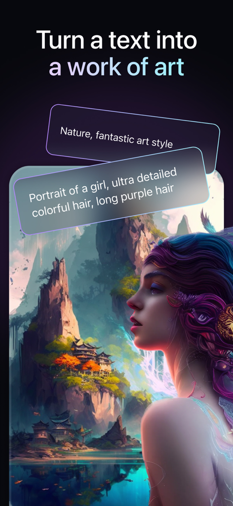 AI Art : Photo Video Generator - Obra de arte generada por IA de una chica con el pelo morado creada a partir de una indicación de texto