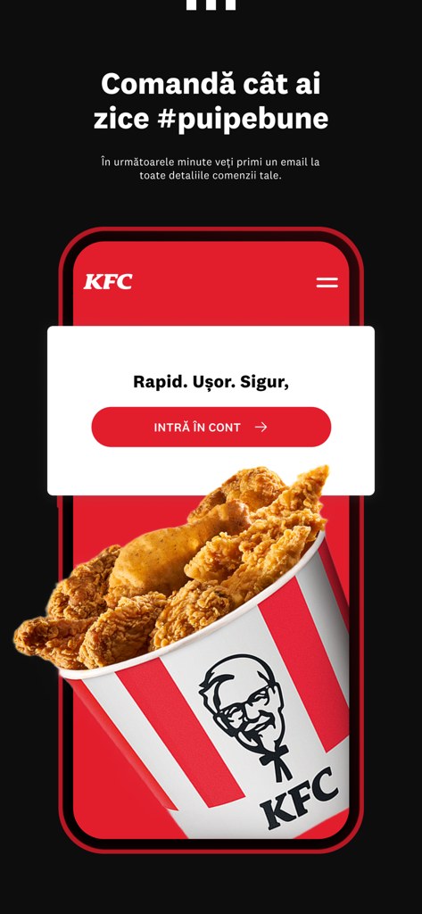 KFC Romania mobile app promotional screen featuring a bucket of fried chicken and a login button for quick orders.