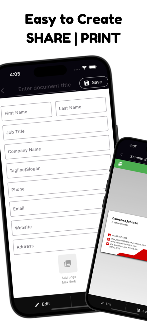 Business, Visiting Card Maker - プロフェッショナルな名刺のデザインと印刷のためのモバイルアプリケーションインターフェース