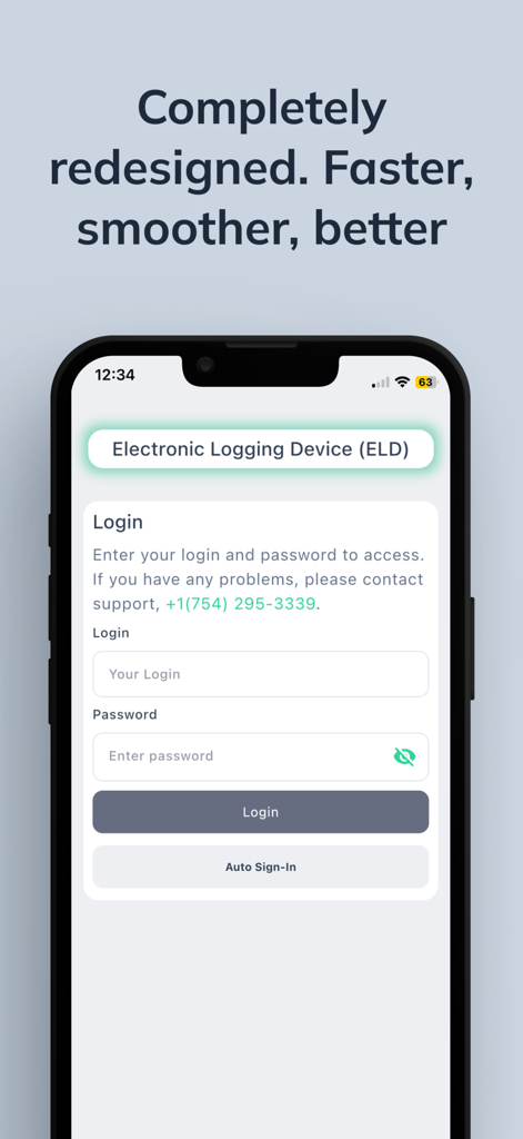 Login screen of the Quantum Logbook ELD mobile app