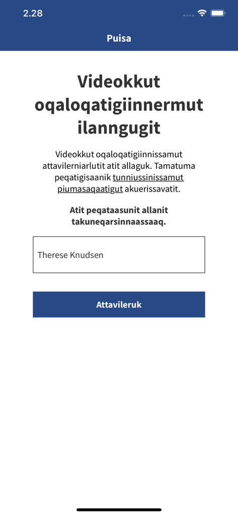 A screenshot of the Puisa app video consultation join screen in Greenlandic