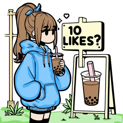 girl with oversized hoodie drinking boba and she has a high ponytail with a sign that says 10likes?