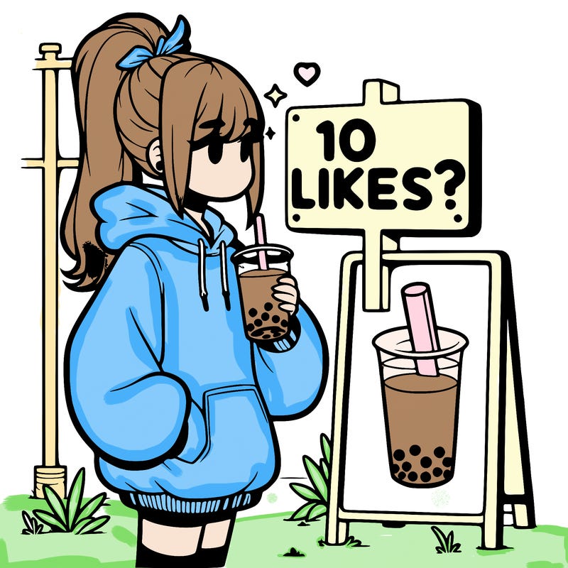 girl with oversized hoodie drinking boba and she has a high ponytail with a sign that says 10likes?