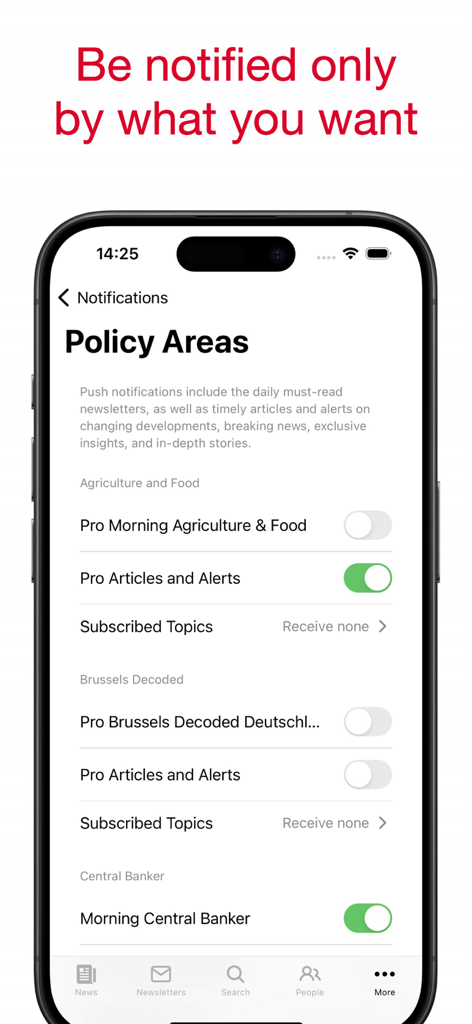 POLITICO Europe Edition - Anpassbare Benachrichtigungseinstellungen für Politikbereiche und Nachrichtenalarme in der POLITICO Europe App