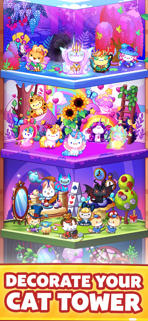 Cat Game - The Cats Collector! - Una torre de gatos de varios niveles con varias habitaciones temáticas que incluyen estilos de bosque mágico, unicornio, arcoíris y el país de las maravillas