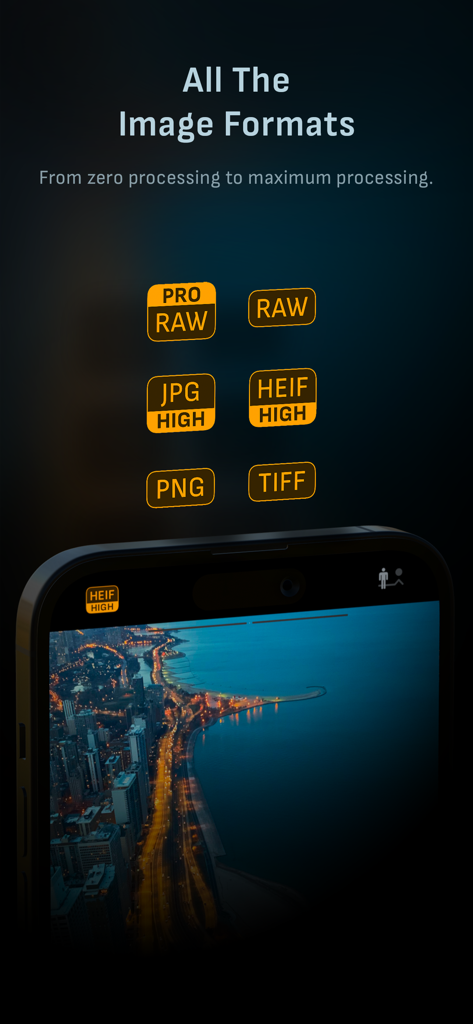 Camera M app interface showing professional image format options including ProRAW RAW TIFF and HEIF