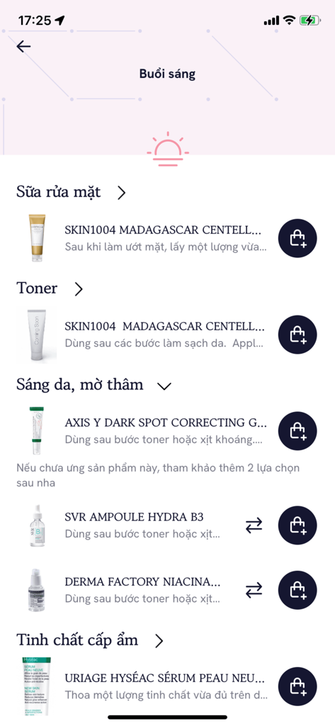 A mobile app screen displaying a personalized morning skincare routine with various beauty products and tracking options