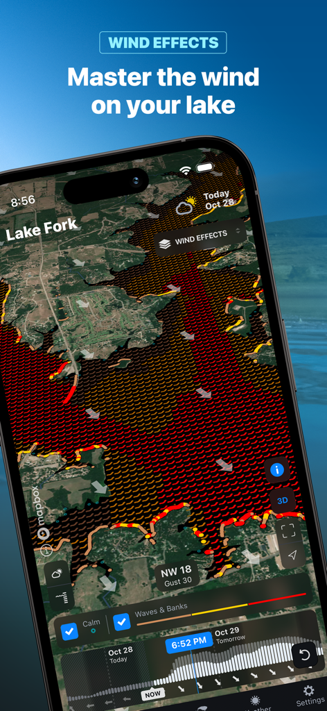 Screenshot of the Deep Dive bass fishing app showing a detailed wind effects and wave intensity map for Lake Fork.