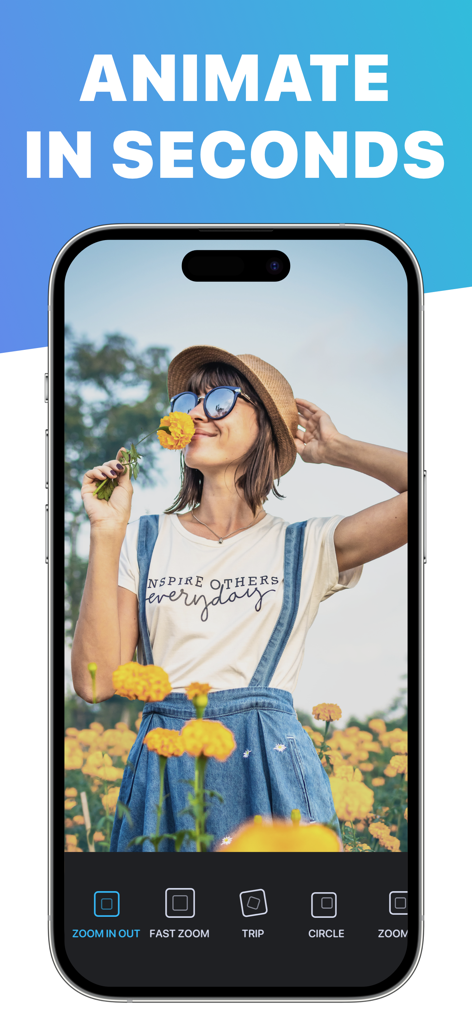 3D Photo Editor - Interface do 3D Photo Editor mostrando como animar uma foto em segundos usando efeitos de movimento como zoom e trip