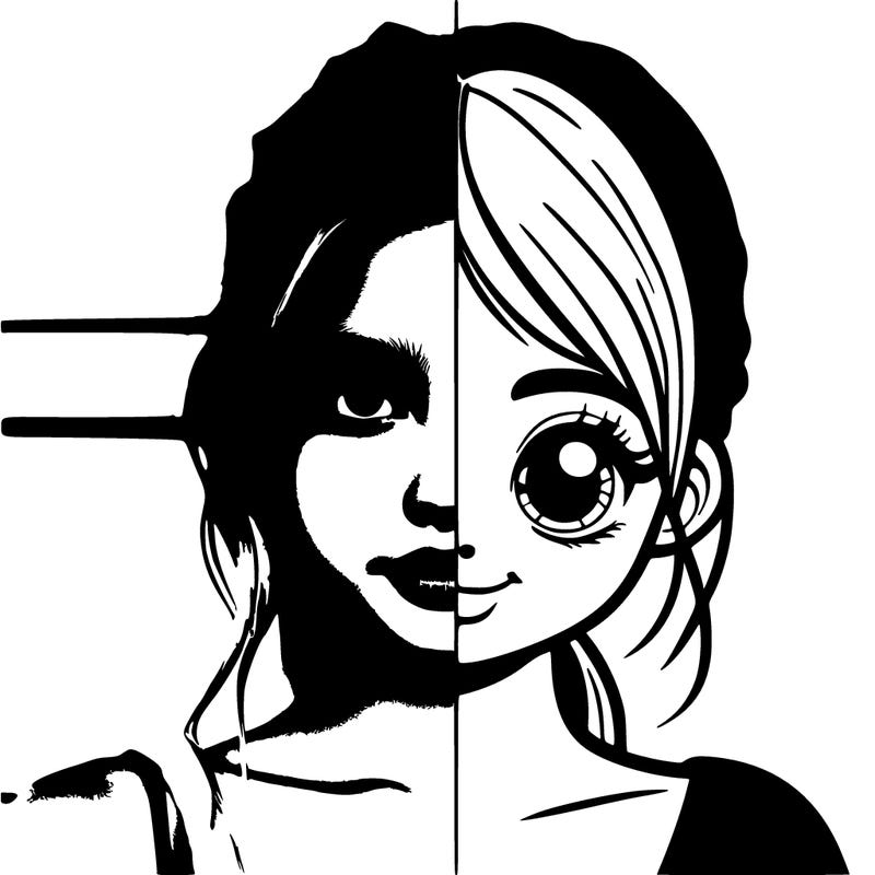 split drawing of a realistic girl