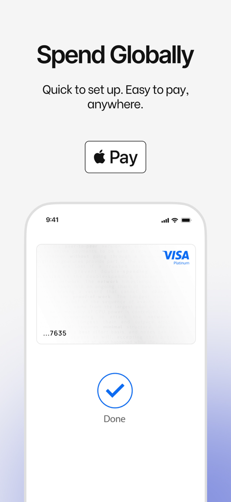 Schermata dell'app Oobit che mostra una carta Visa aggiunta con successo ad Apple Pay per la spesa globale di criptovalute
