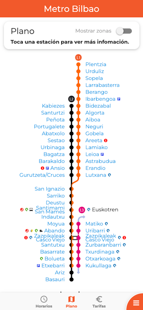 Bilbao Metro, Tren y Tranvía - Mapa del sistema de metro de Bilbao mostrando líneas y estaciones