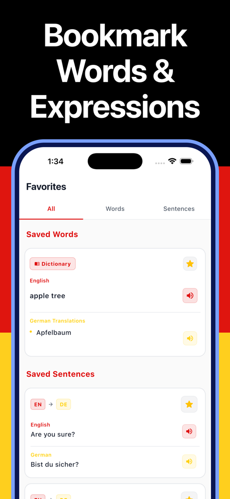Captura de tela da tela de Favoritos no aplicativo Tradutor Alemão Dicionário mostrando palavras e frases salvas com ícones de pronúncia.