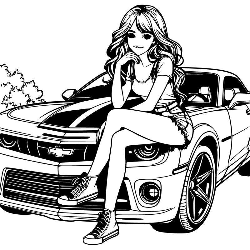 beautiful realistic girl sitting on a camaro