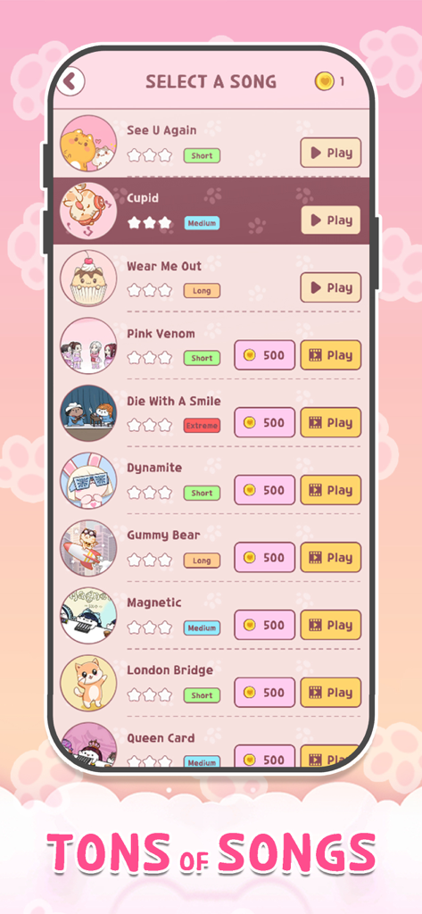 Meow Tiles: Kpop & Cats Piano! - Song selection menu in the Meow Tiles app featuring K-pop and pop tracks with a pink kawaii cat theme
