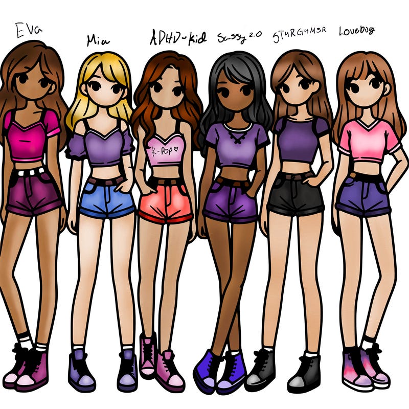 a group of girls wearing crop tops and shorts