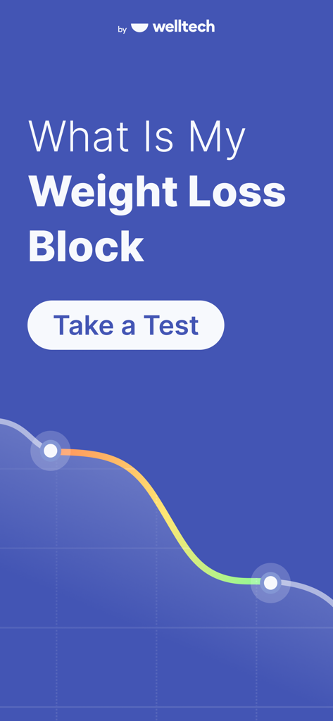 Omo app screen asking What Is My Weight Loss Block with a Take a Test button and a weight loss progress graph
