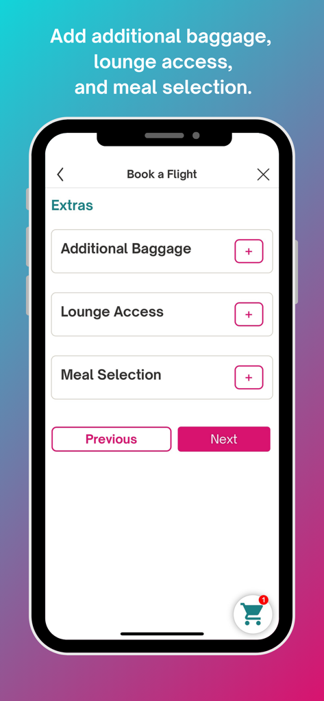 BermudAir - BermudAir mobile app interface for booking flight extras including baggage lounge access and meal selection