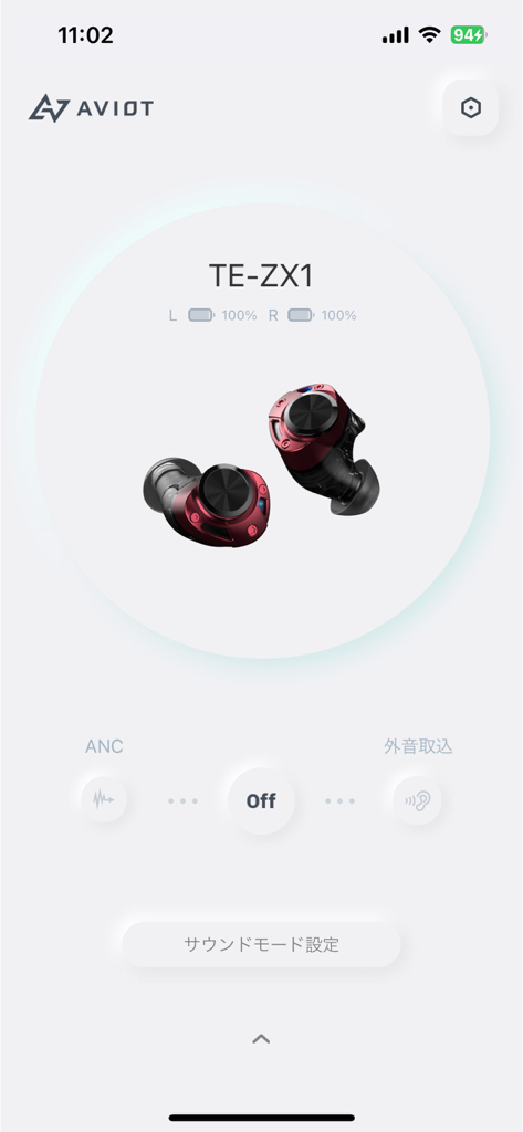 Main dashboard of AVIOT SOUND ME app displaying TE-ZX1 earbuds and noise control toggles