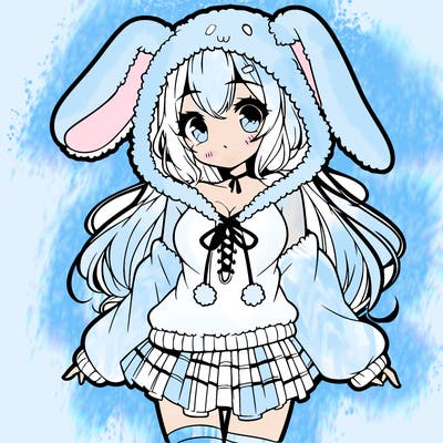 pretty anime girl wearing a fluffy hoodie with bunny ears on the hood and a skirt