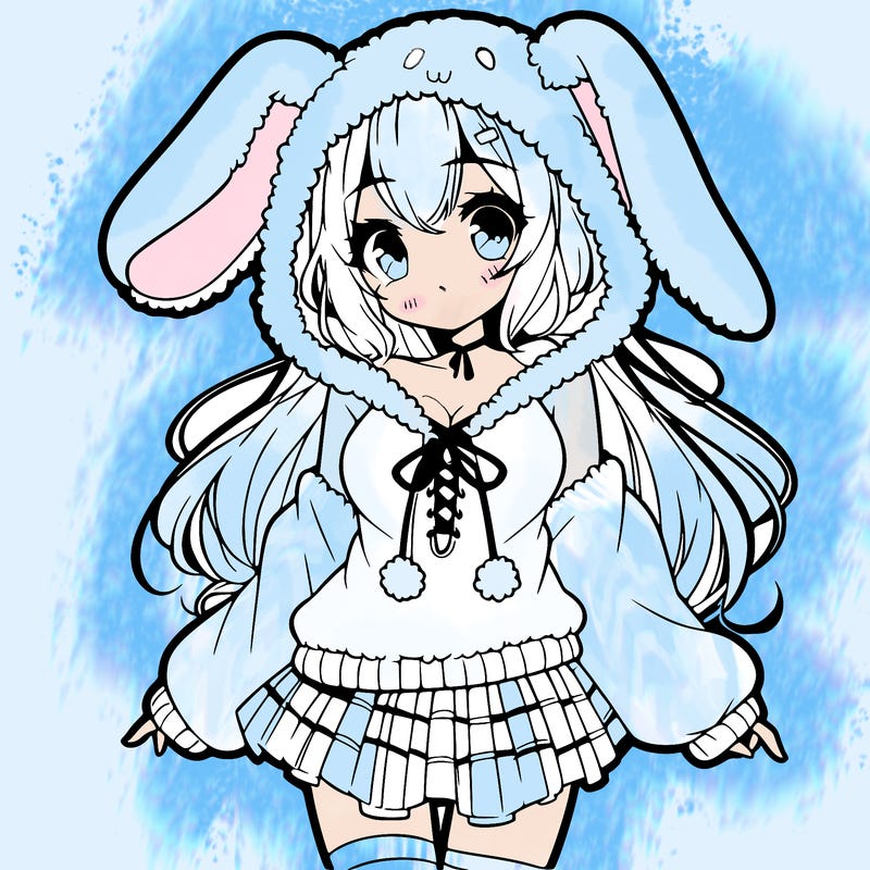 pretty anime girl wearing a fluffy hoodie with bunny ears on the hood and a skirt