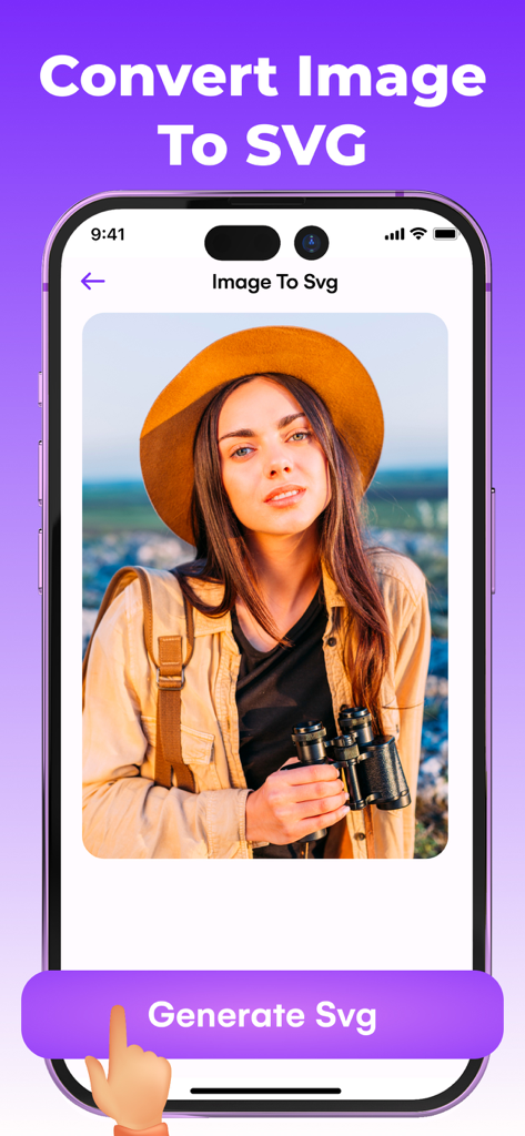 Ai SVG Converter - Vectornator - Interface of the Ai SVG Converter app showing a photo of a woman and a button to generate an SVG vector file