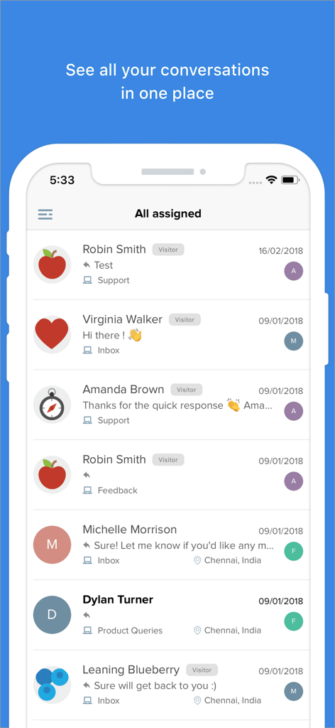 Freshchatモバイルアプリのインターフェイスに、割り当てられたカスタマーサポートの会話リストとチャット履歴が表示されています