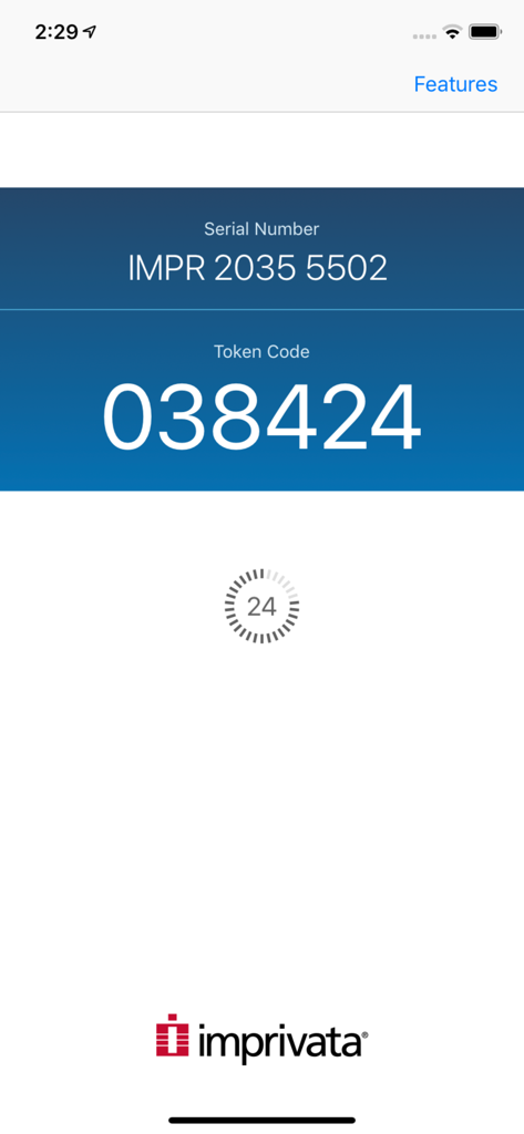 Imprivata ID app interface showing the serial number and a six digit token code for secure medical authentication