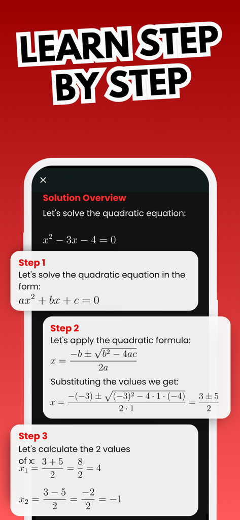 Math Master Arithmetic Algebra - Solución detallada paso a paso para una ecuación cuadrática en la aplicación Math Master