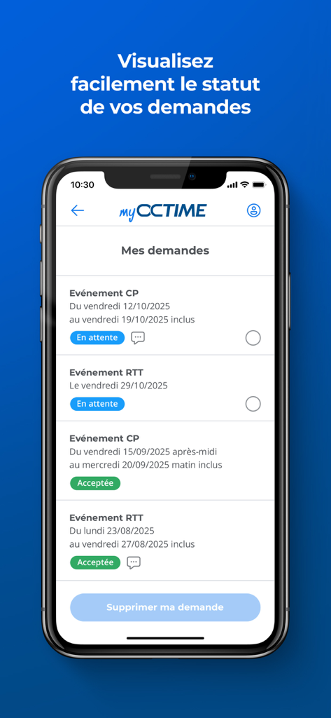 Interface de l'application mobile montrant une liste des demandes de congés des employés en attente et approuvées.