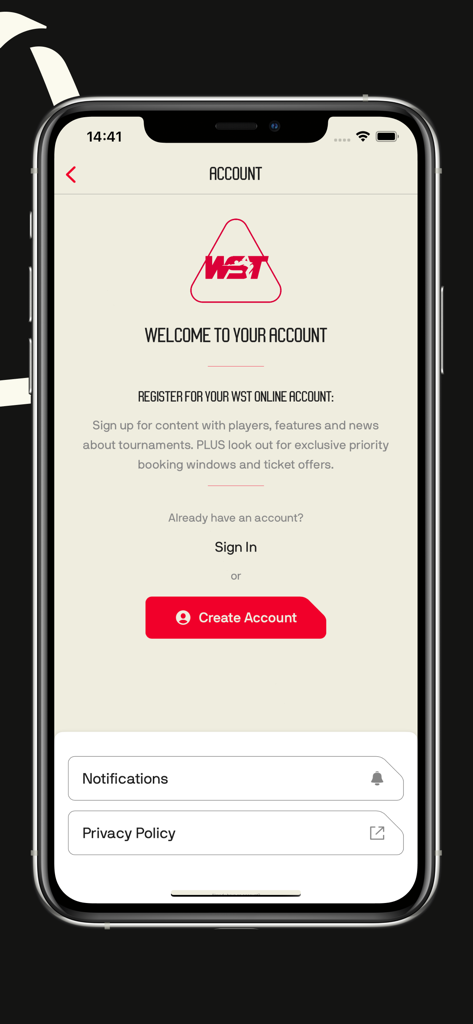 World Snooker Tour app account page showing sign in and registration options