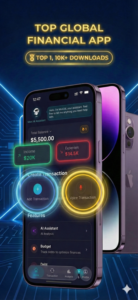 Interfaz de la aplicación Moni AI Expense Tracker que muestra el panel financiero con ingresos, gastos y funciones de transacción por voz