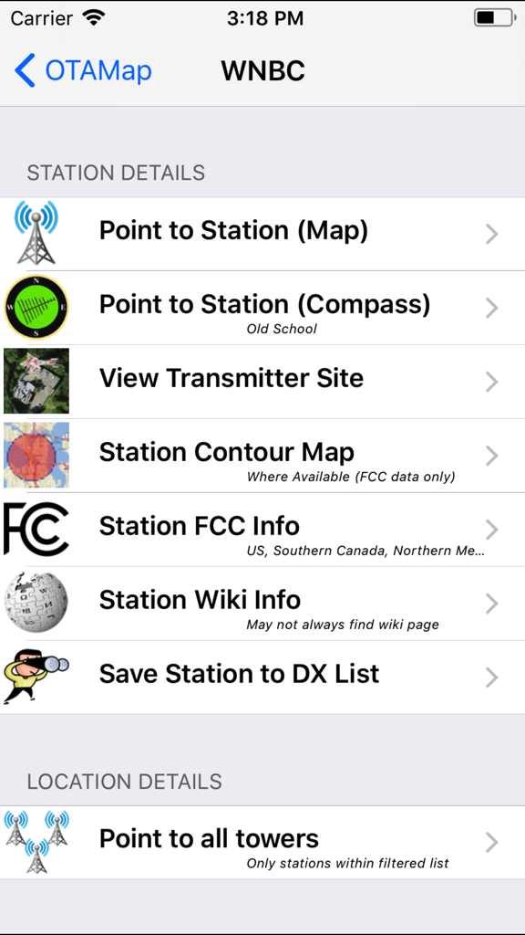 The station details menu in the OTAMap app showing antenna pointing and signal data options for a TV station.