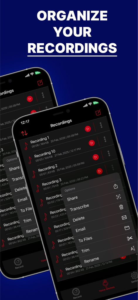 Voice Recorder : HD Recorder - Smartphone screen showing a list of voice recordings with an options menu for transcribing and editing