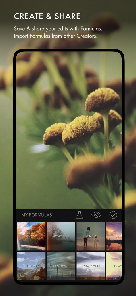 Mextures Photo Editor - Mextures app interface showing the create and share screen with a library of custom photo editing formulas