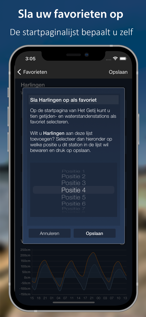 A smartphone showing the favorites selection screen in the Tides Netherlands app with a popup to save the Harlingen station.