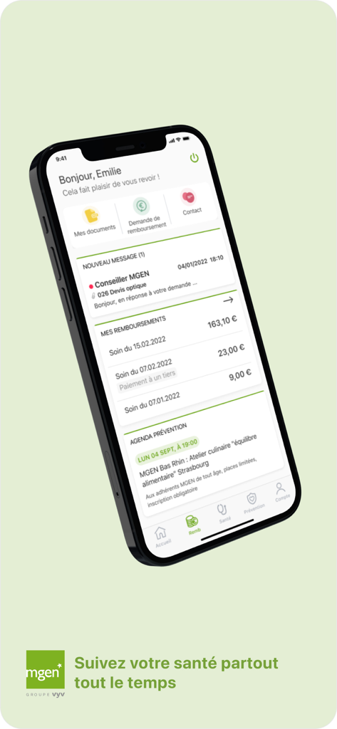 Mutuelle MGEN Espace personnel - Tableau de bord de l'application Mutuelle MGEN montrant les remboursements d'assurance maladie et les messages aux membres sur un iPhone