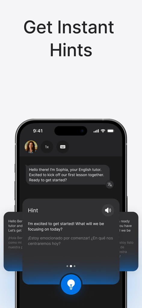 Learn Languages: Speak Avatar - A mobile interface for the Speak Avatar app showing real-time conversational hints and translations with an AI tutor