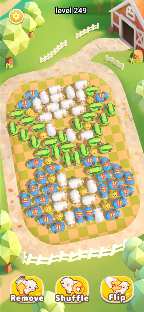 Sheep Away -Farm Animal Escape - Captura de pantalla del juego de Sheep Away mostrando ovejas y pollitos 3D abarrotados en un nivel de rompecabezas de granja.