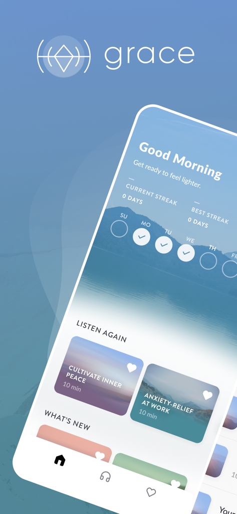 Grace 최면 앱의 홈 화면으로, 일일 연속 기록 추적기와 추천 최면 세션이 표시됩니다.