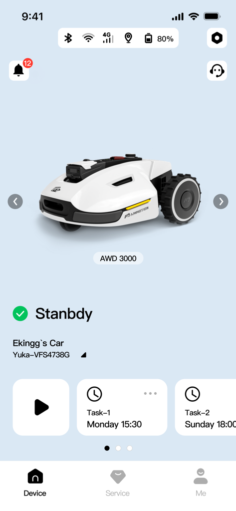 Mammotion - Mammotion app interface showing a YUKA series robotic mower in standby mode with battery status and scheduled mowing tasks