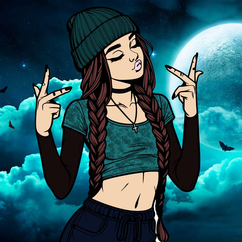 realistic teenage girl with braids and a beanie and crop top doing 🫶🏼