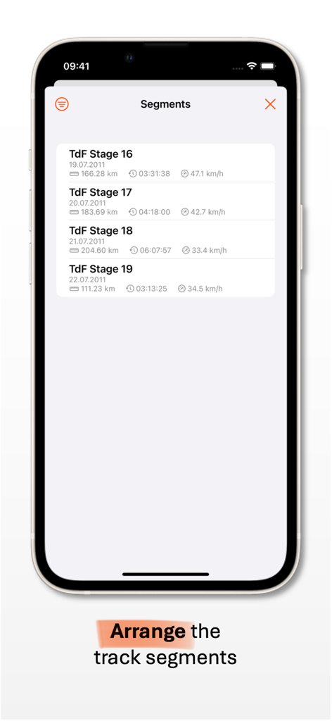 Track Merger - Track Merger app interface displaying a list of GPS track segments with distance and speed data.