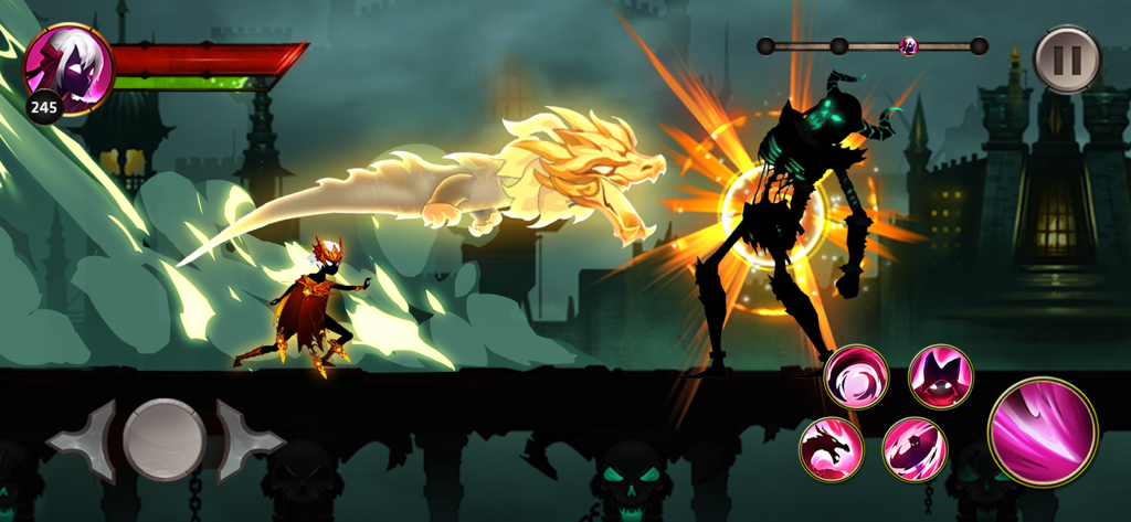 Herói stickman usando uma habilidade de dragão dourado contra um chefe esquelético em uma luta de sombras