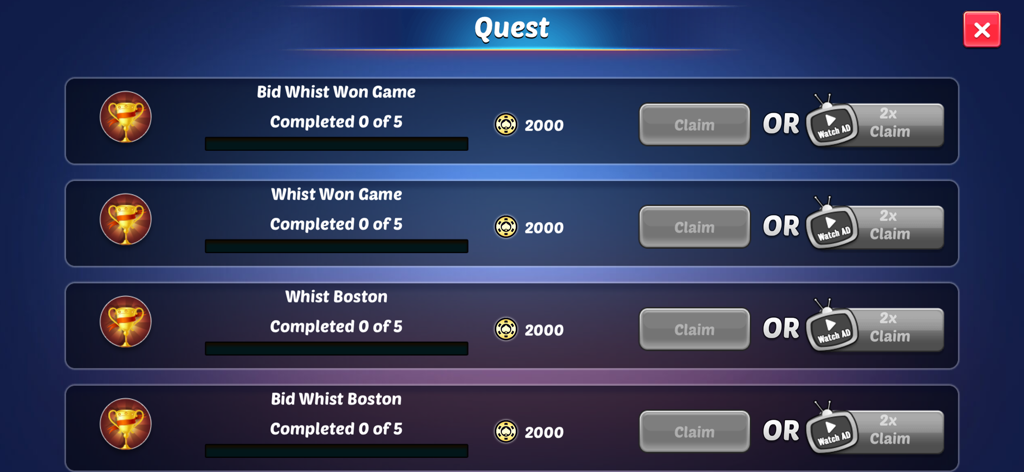 Spades Bid Whist: Card Games - Menú de misiones para los juegos de cartas Spades Bid Whist mostrando las recompensas de las misiones