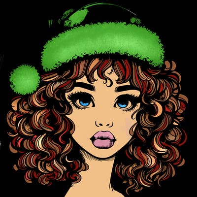 realistic girl with a santa hat curly hair and lips